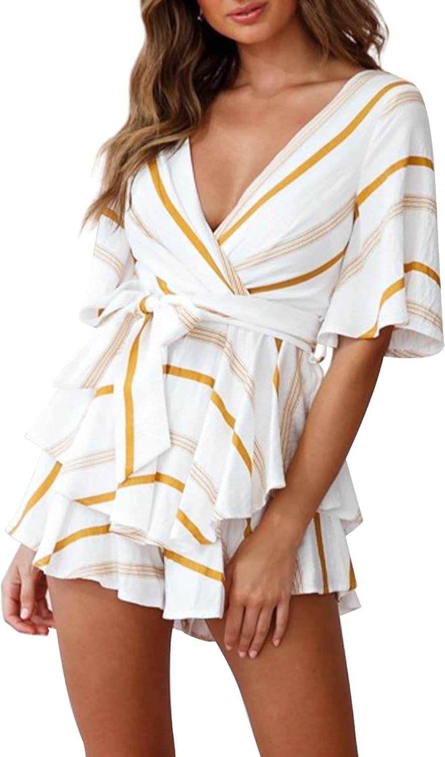 Wrap Style Striped White/Khaki Belted Shorts Romper