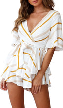 Load image into Gallery viewer, Wrap Style Striped White/Blue Belted Shorts Romper