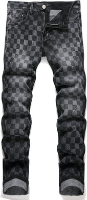 Men's Denim Checkered Print Ripped Distressed Jeans