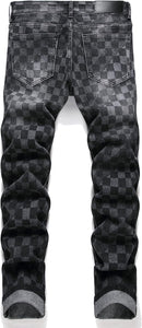 Men's Denim Checkered Print Ripped Distressed Jeans