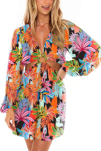 Beach Style White Printed Long Sleeve Cut Out Cover Up Dress