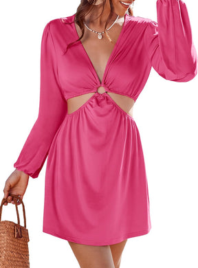 Beach Style Pink Long Sleeve Cut Out Cover Up Dress