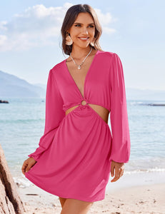 Beach Style Pink Long Sleeve Cut Out Cover Up Dress