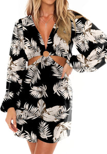 Beach Style White Printed Long Sleeve Cut Out Cover Up Dress