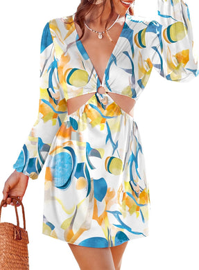 Beach Style White Printed Long Sleeve Cut Out Cover Up Dress