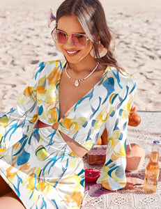 Beach Style White Printed Long Sleeve Cut Out Cover Up Dress