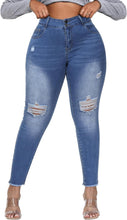 Load image into Gallery viewer, Plus Size High Waist Ripped Blue Denim Jeans