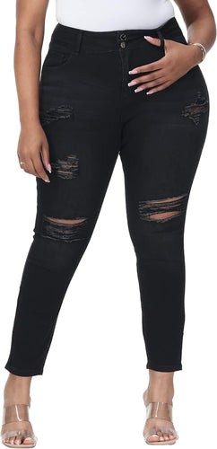 Plus Size High Waist Ripped Black Denim Jeans