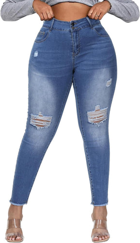 Plus Size High Waist Ripped Blue Denim Jeans