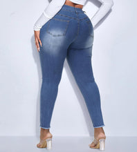 Load image into Gallery viewer, Plus Size High Waist Ripped Blue Denim Jeans