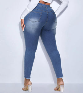 Plus Size High Waist Ripped Blue Denim Jeans
