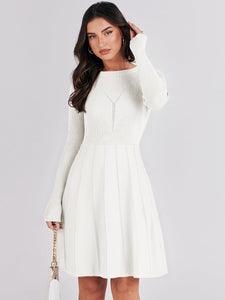 Classic White Knit Long Sleeve Flare Sweater Dress