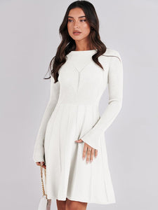 Classic White Knit Long Sleeve Flare Sweater Dress