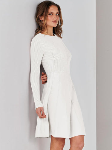 Classic White Knit Long Sleeve Flare Sweater Dress