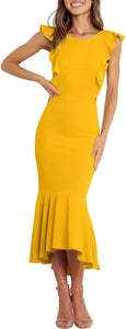 Cut Out Mermaid Hem Ruffle Sleeve Yellow Midi Dress