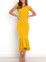 Load image into Gallery viewer, Cut Out Mermaid Hem Ruffle Sleeve Yellow Midi Dress
