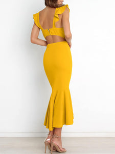 Cut Out Mermaid Hem Ruffle Sleeve Yellow Midi Dress