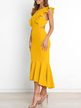 Load image into Gallery viewer, Cut Out Mermaid Hem Ruffle Sleeve Yellow Midi Dress