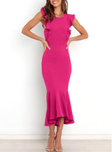 Load image into Gallery viewer, Cut Out Mermaid Hem Ruffle Sleeve Pink Midi Dress