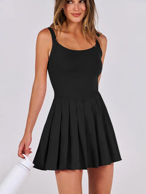 Black Sporty Sleeveless Pleated Tennis Dress/Shorts