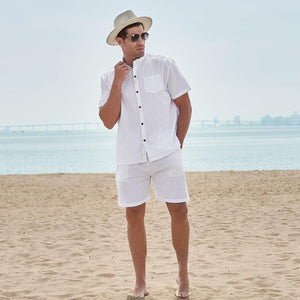 Men's St Tropez Light Blue Linen Short Sleeve Shorts Set