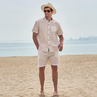 Men's St Tropez Light Beige Linen Short Sleeve Shorts Set