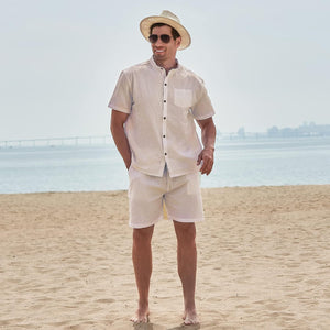 Men's St Tropez White Linen Short Sleeve Shorts Set