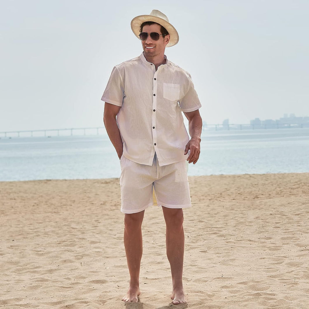 Men's St Tropez Light Beige Linen Short Sleeve Shorts Set