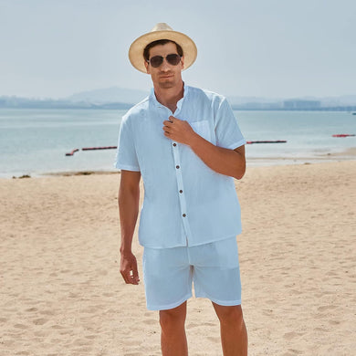 Men's St Tropez Light Blue Linen Short Sleeve Shorts Set