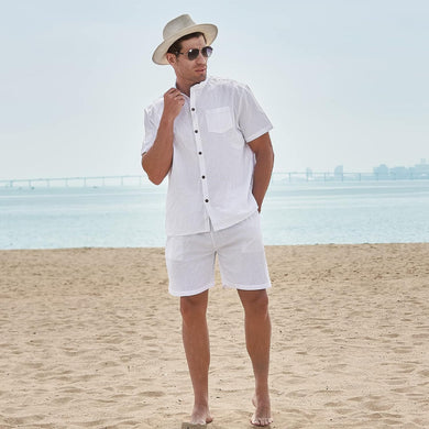 Men's St Tropez White Linen Short Sleeve Shorts Set