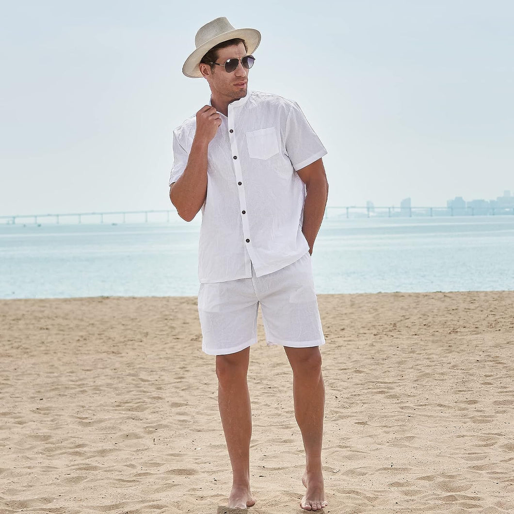 Men's St Tropez White Linen Short Sleeve Shorts Set