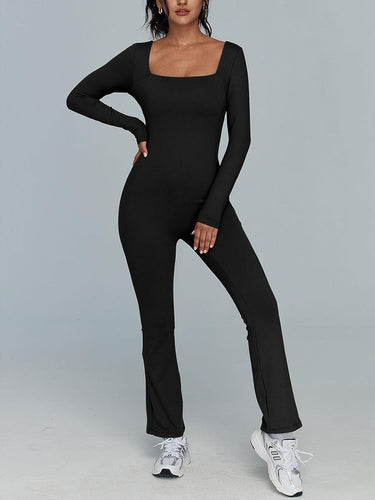 Chic Black Square Neck Long Sleeve Knit Jumpsuit