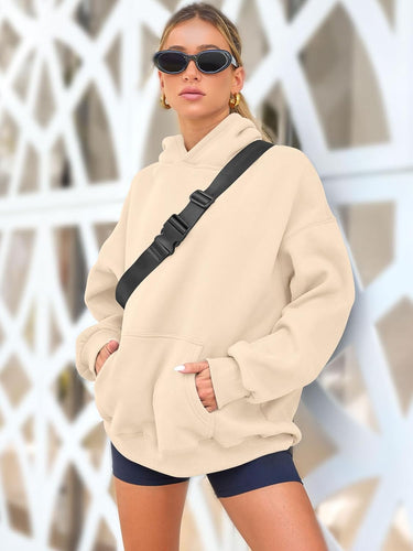 Women's Oversized Beige Long Sleeve Hoodie w/Pockets