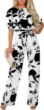 Load image into Gallery viewer, Floral Black &amp; White Wide Sleeve Belted Jumpsuit