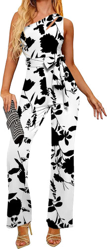 White Floral Print One Shoulder Cut Out Belted Jumpsuit