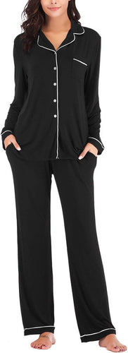 Winter Soft Button Down Black Long Sleeve Pajamas Top & Pants Set