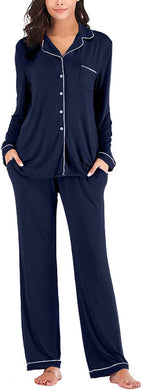 Winter Soft Button Down Navy Blue Long Sleeve Pajamas Top & Pants Set