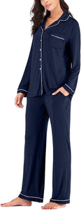 Winter Soft Button Down Navy Blue Long Sleeve Pajamas Top & Pants Set