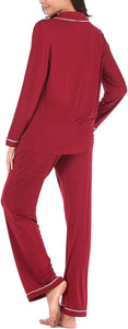 Winter Soft Button Down Red Long Sleeve Pajamas Top & Pants Set