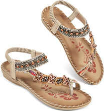 Load image into Gallery viewer, Bohemian Beaded Beige Floral Open Ring Toe Sandals