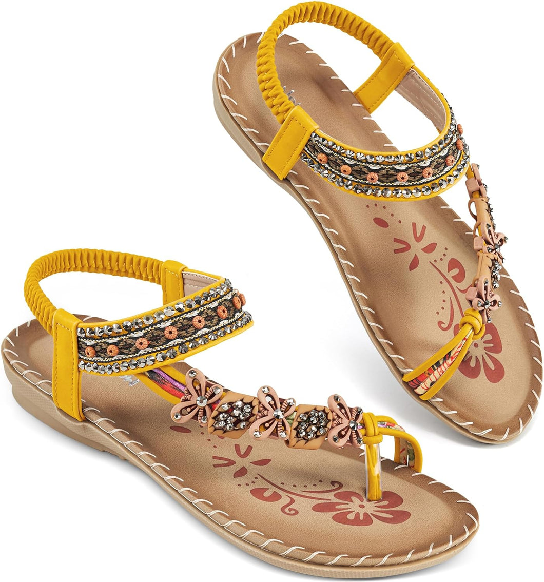Bohemian Beaded Yellow Floral Open Ring Toe Sandals