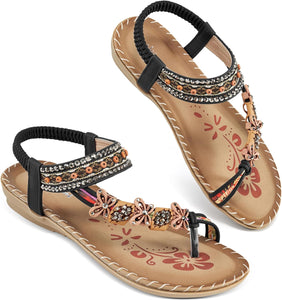 Bohemian Beaded Yellow Floral Open Ring Toe Sandals