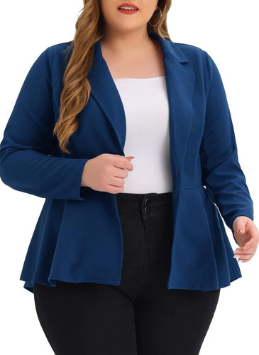 Plus Size Navy Blue One Buttion Lapel High Low Ruffle Peplum Blazer