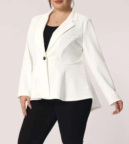 Plus Size White One Button Lapel High Low Ruffle Peplum Blazer