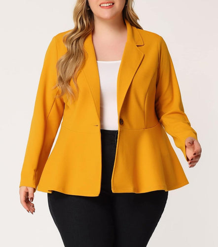 Plus Size Yellow One Buttion Lapel High Low Ruffle Peplum Blazer