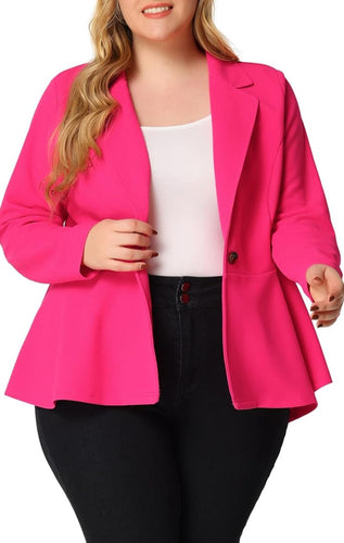 Plus Size Fuschia Pink One Button Lapel High Low Ruffle Peplum Blazer