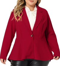 Load image into Gallery viewer, Plus Size Navy Blue One Buttion Lapel High Low Ruffle Peplum Blazer