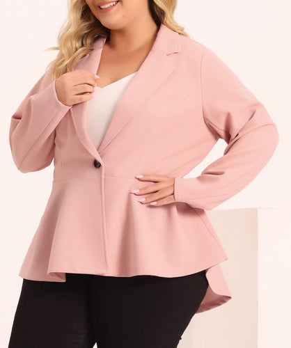 Plus Size Light Pink One Button Lapel High Low Ruffle Peplum Blazer