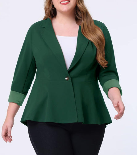 Plus Size Hunter Green One Button Lapel High Low Ruffle Peplum Blazer