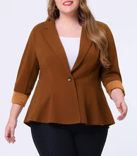 Load image into Gallery viewer, Plus Size White One Button Lapel High Low Ruffle Peplum Blazer